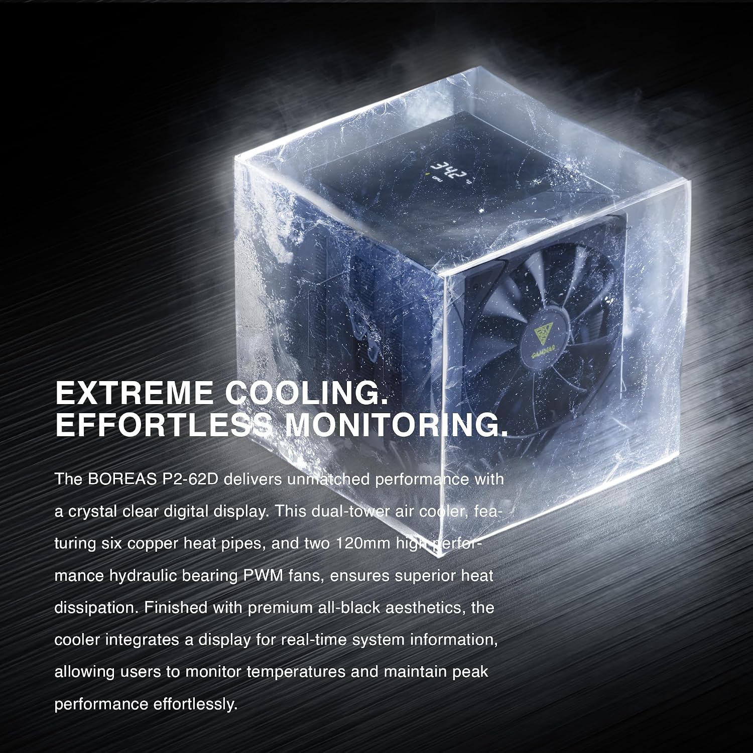 GAMDIAS AMD/Intel CPU Air Cooler, 6 performance Copper Heat Pipes, Dual fans, CPU Temp and Fan RPM display (Black) - BOREAS P2-62D