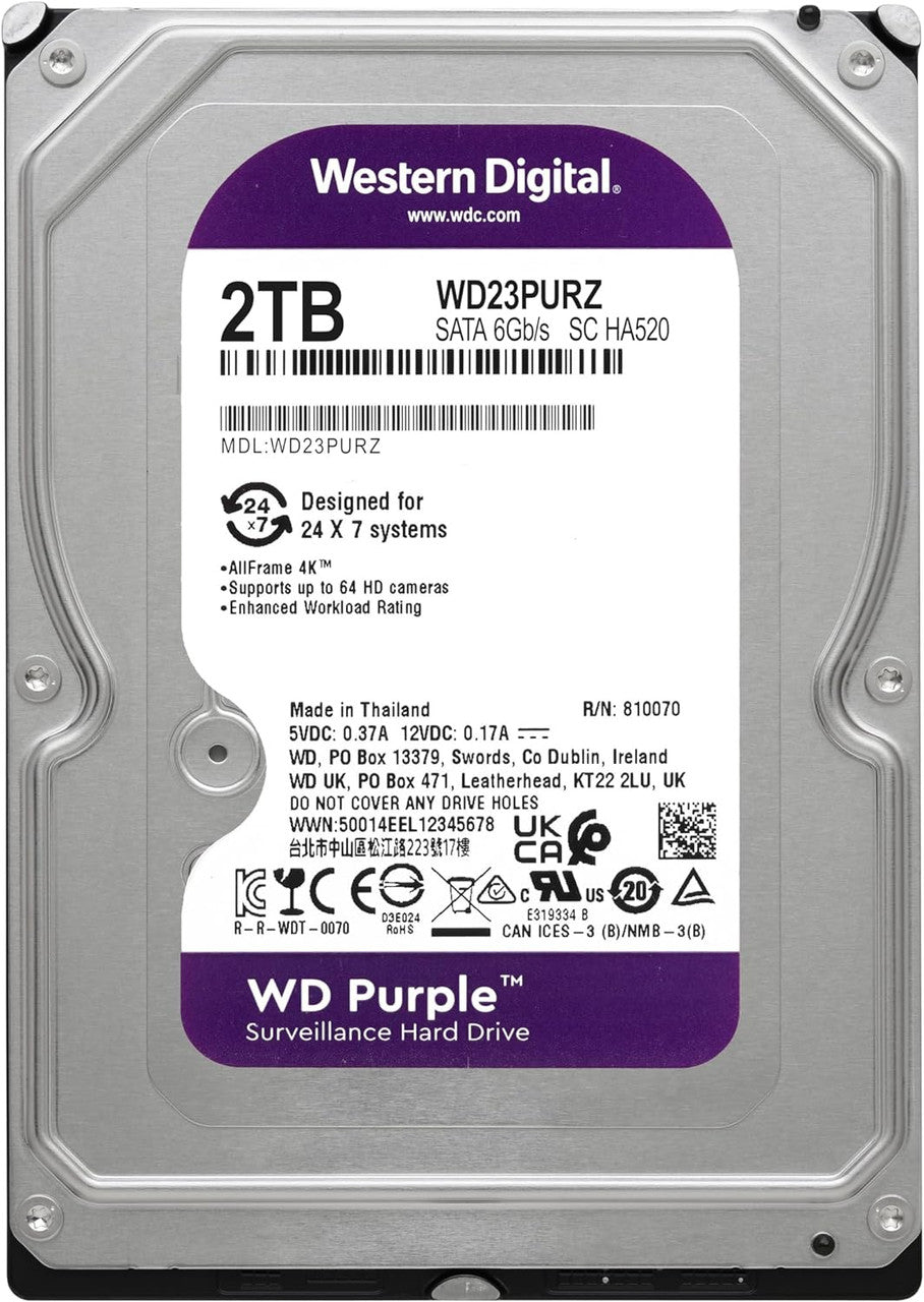 WD Purple Surveillance Hard Drive 2TB SATA 64MB Cache, 3.5" Internal Hard Drive WD23PURZ
