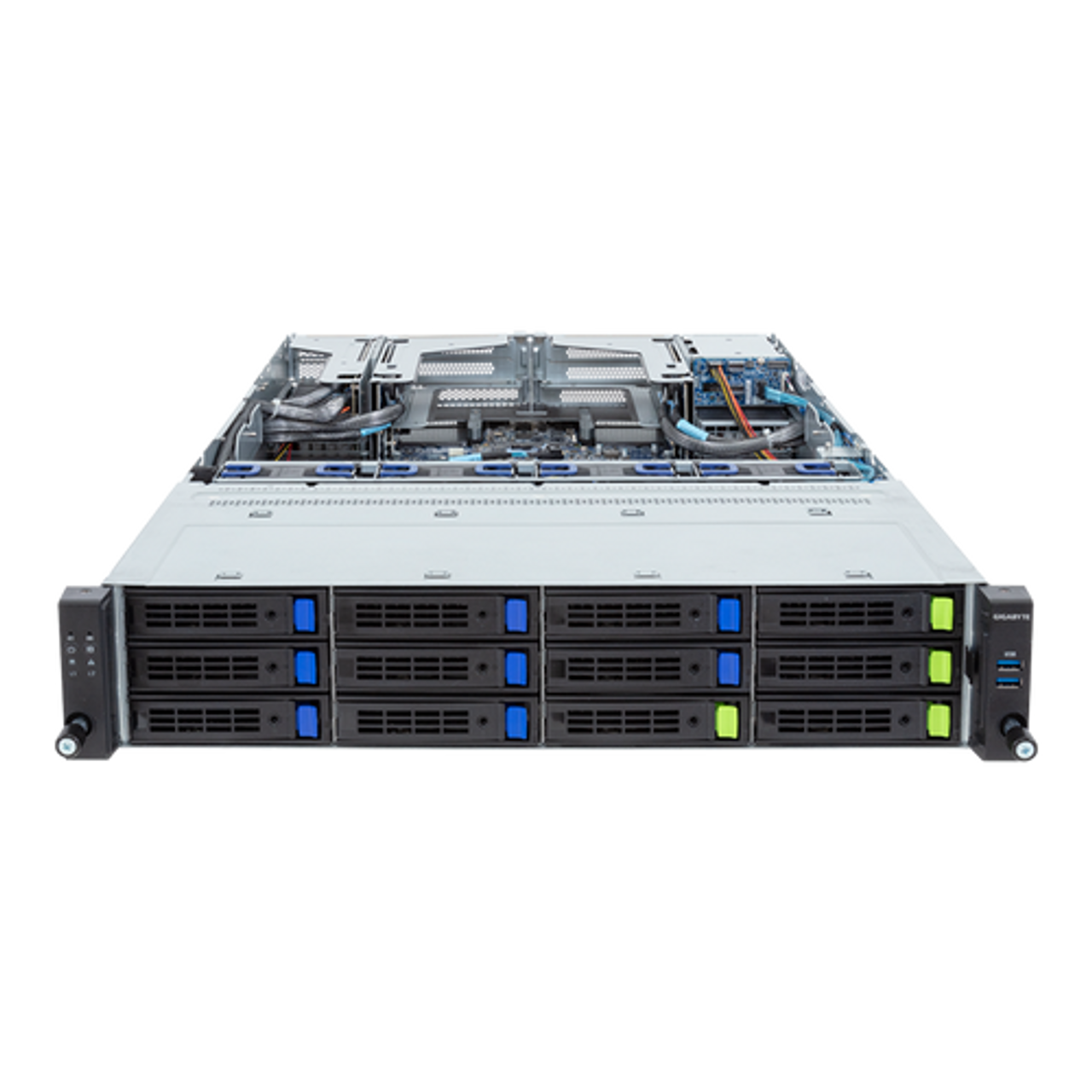 Gigabyte 2U Rack Server Barebone- Intel Gen4/Gen5 Intel Xeon Scalable, Dual CPU, 12+2 Gen4 NVMe/SATA/SAS Bays R283-S90-AAE1
