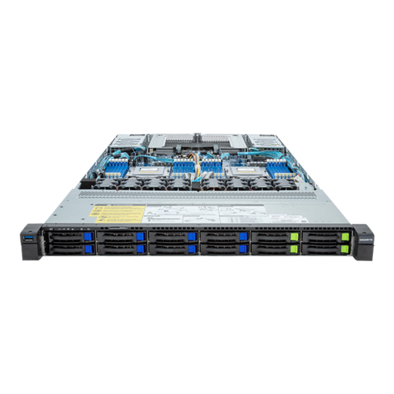 Gigabyte 1U Rack Server Barebone - AMD EPYC 9004, Dual CPU, 3x M.2 Gen3, 12x Gen4 NVMe/SATA/SAS Bays R183-Z92-AAD2