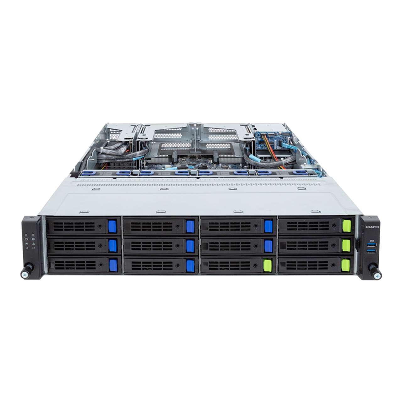 Gigabyte 2U Rack Server - 5th/4th Gen Intel Xeon Scalable, Dual CPU, 6+2 PCIe Gen5 Slots, 12+2 Bay Gen4 NVMe/SATA/SAS R283-S91 Rev. AAE1