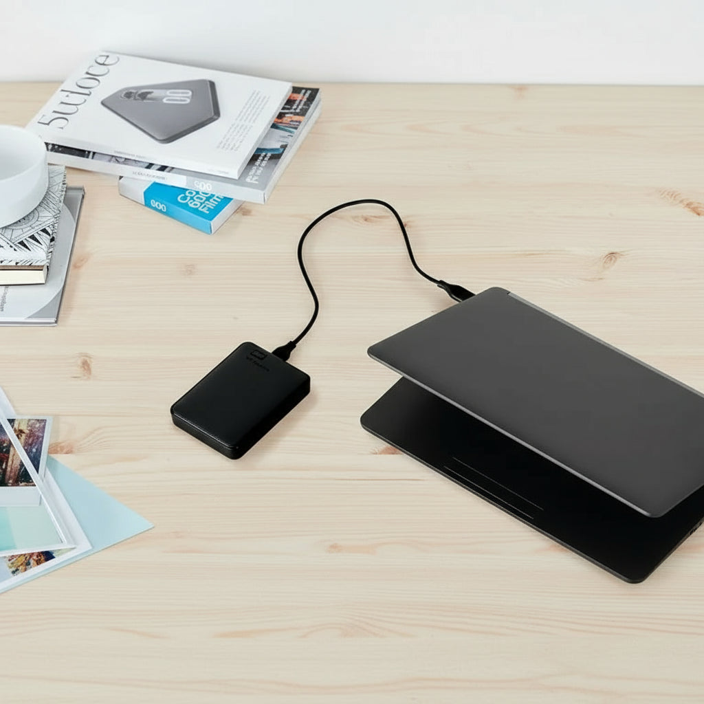 Black external hard drive connected to a laptop on a wooden surface