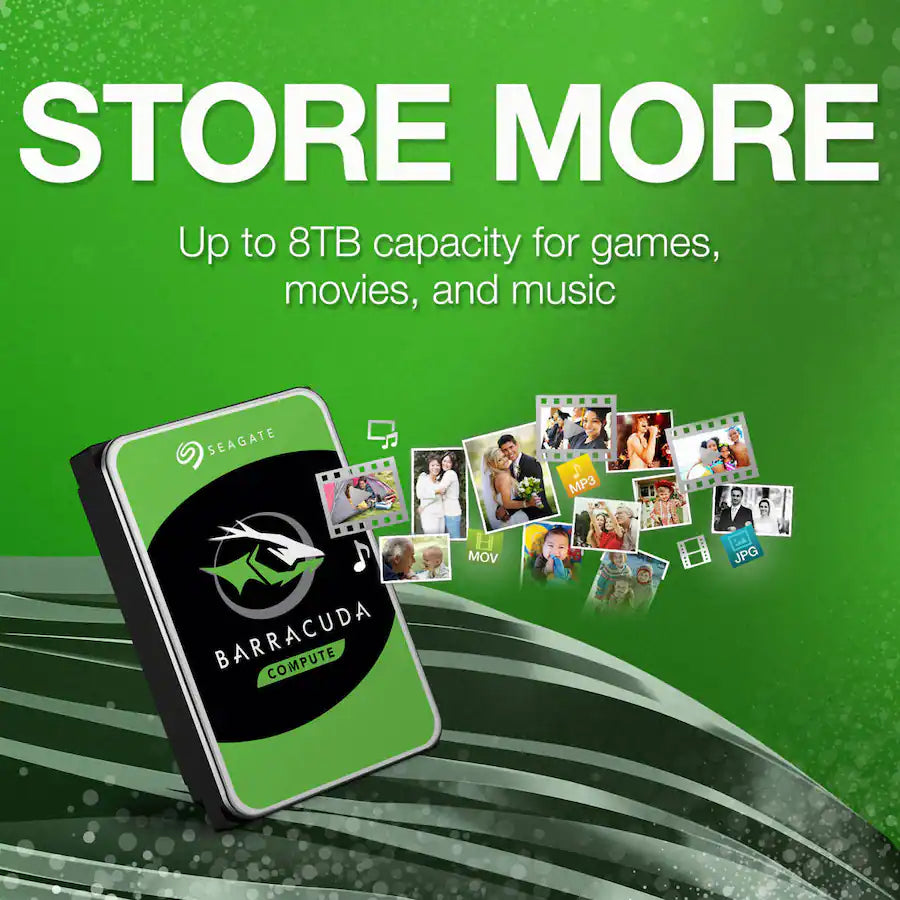 Seagate Barracuda hard drive with images of people and media files on a green background