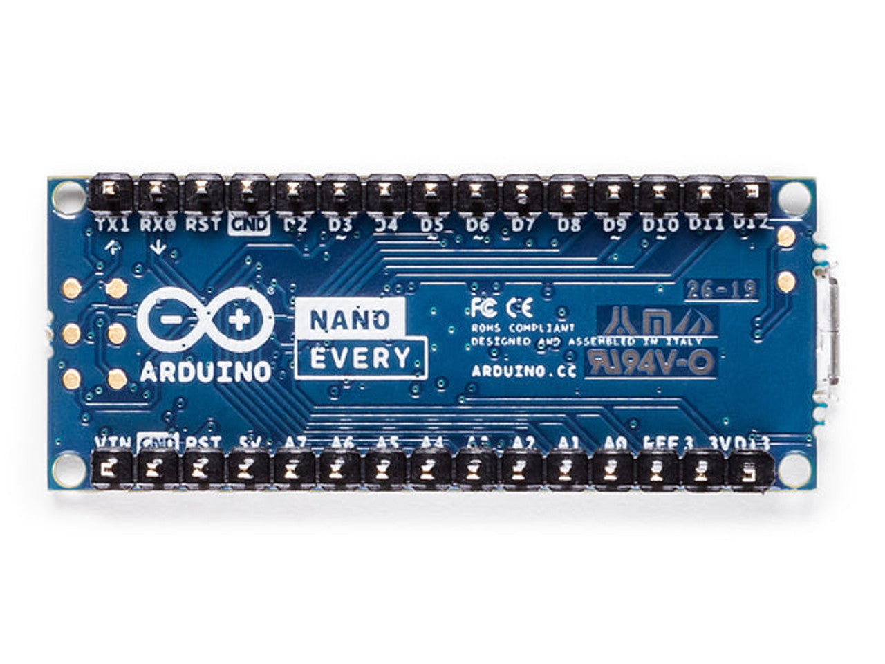 Arduino Nano Every w/ headers Compact ATmega4809 Microcontroller w/ Micro USB, 20 Digital I/O, 6 Analog Inputs ABX00033