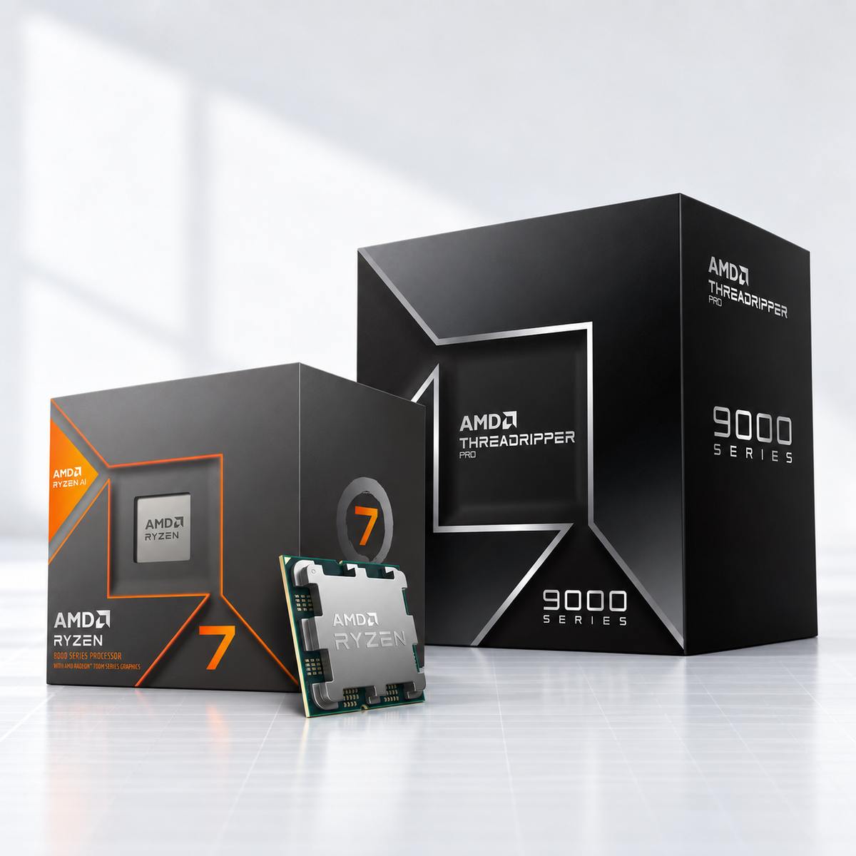 AMD Ryzen 7 7000 series processor shown with its retail packaging boxes on a clean, light gray studio background.