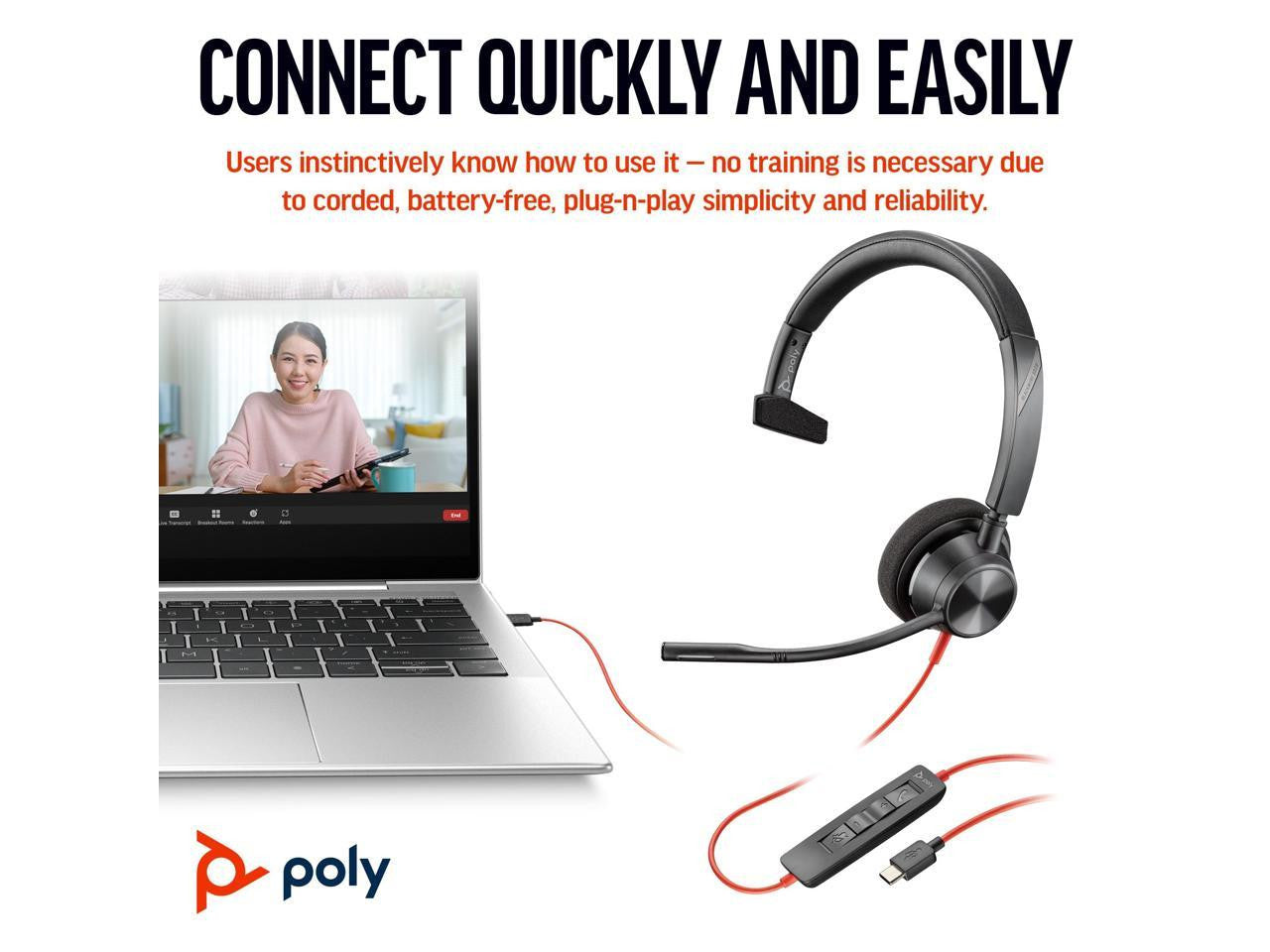 Poly Wired, Single Ear (Mono) Headset with Boom Mic - USB-C with USB-A adapter - PC or Mac - Teams (Certified) 8X216AA