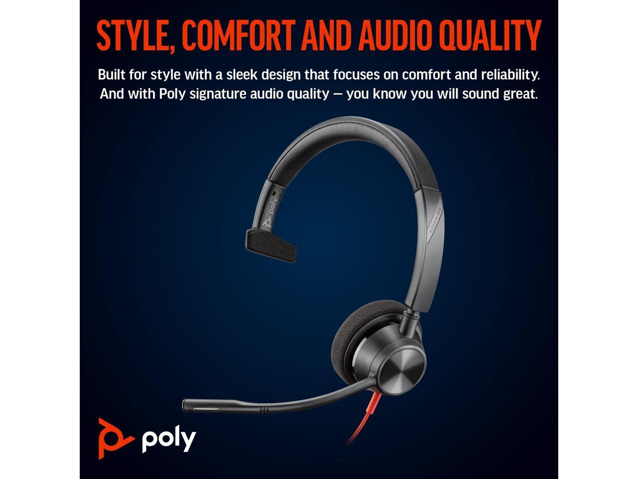 Poly Wired, Single Ear (Mono) Headset with Boom Mic - USB-C with USB-A adapter - PC or Mac - Teams (Certified) 8X216AA