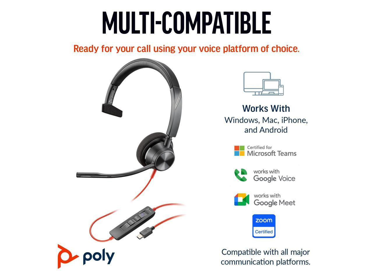 Poly Wired, Single Ear (Mono) Headset with Boom Mic - USB-C with USB-A adapter - PC or Mac - Teams (Certified) 8X216AA