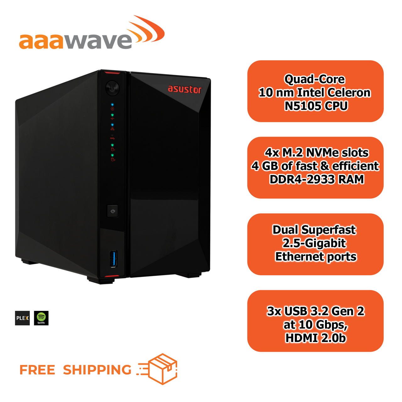 Asustor AS5402T Nimbustor 2 Gen2 2 Bay NAS,Quad-Core 2.0GHz CPU,Dual 2.5GbE Ports,4GB DDR4,4x M.2 SSD Slots (Diskless) w/ Dual WD Red Pro NAS 22TB