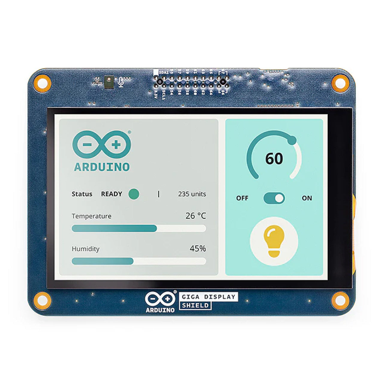 The Arduino GIGA Display Shield features a bright 3.97-inch capacitive touch screen for intuitive and interactive user interfaces.