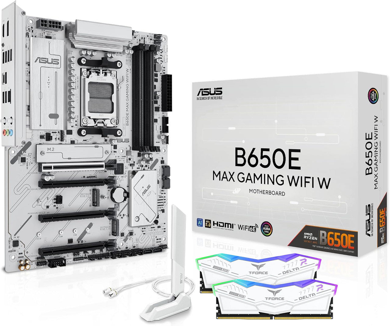 AAAWAVE MAX Gaming WiFi W ATX Motherboard, AMD B650E AM5, DDR5 Support, 3x M.2, Includes TeamGroup T-Force Delta RGB 16GB (2x8GB) DDR5 6000MHz