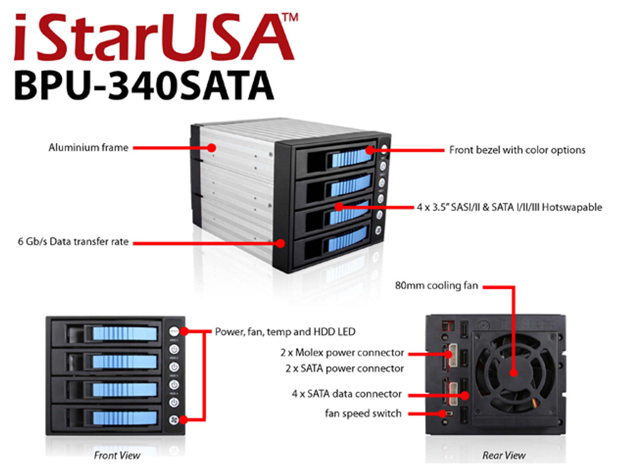 iStarUSA 3x 5.25" to 4x 3.5" 2.5" SAS SATA 6 Gbps HDD SSD Hot-swap Rack BPU-340SATA-BLUE