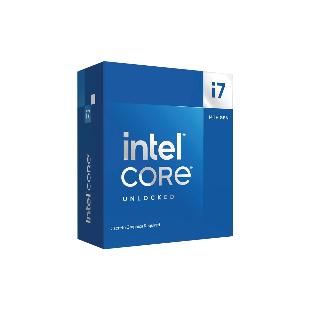 Intel Core i7 14th Gen processor retail box in blue packaging on a plain white background.