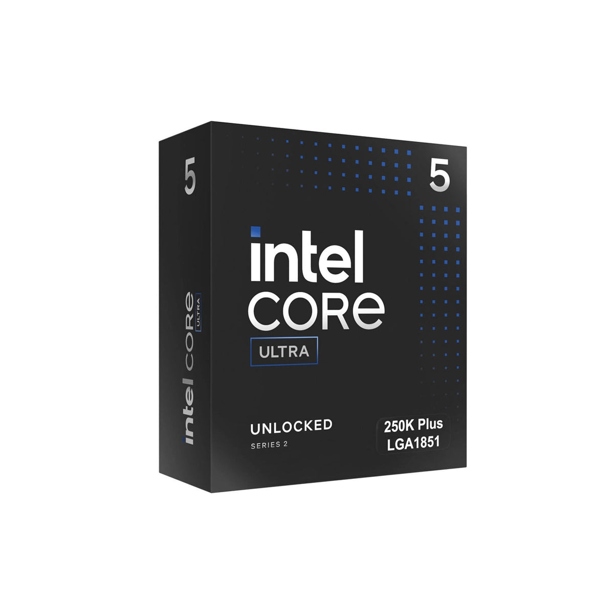 Intel Core Ultra 250K Plus LGA1851 processor retail box in black with blue and white text, shown on a plain white background.