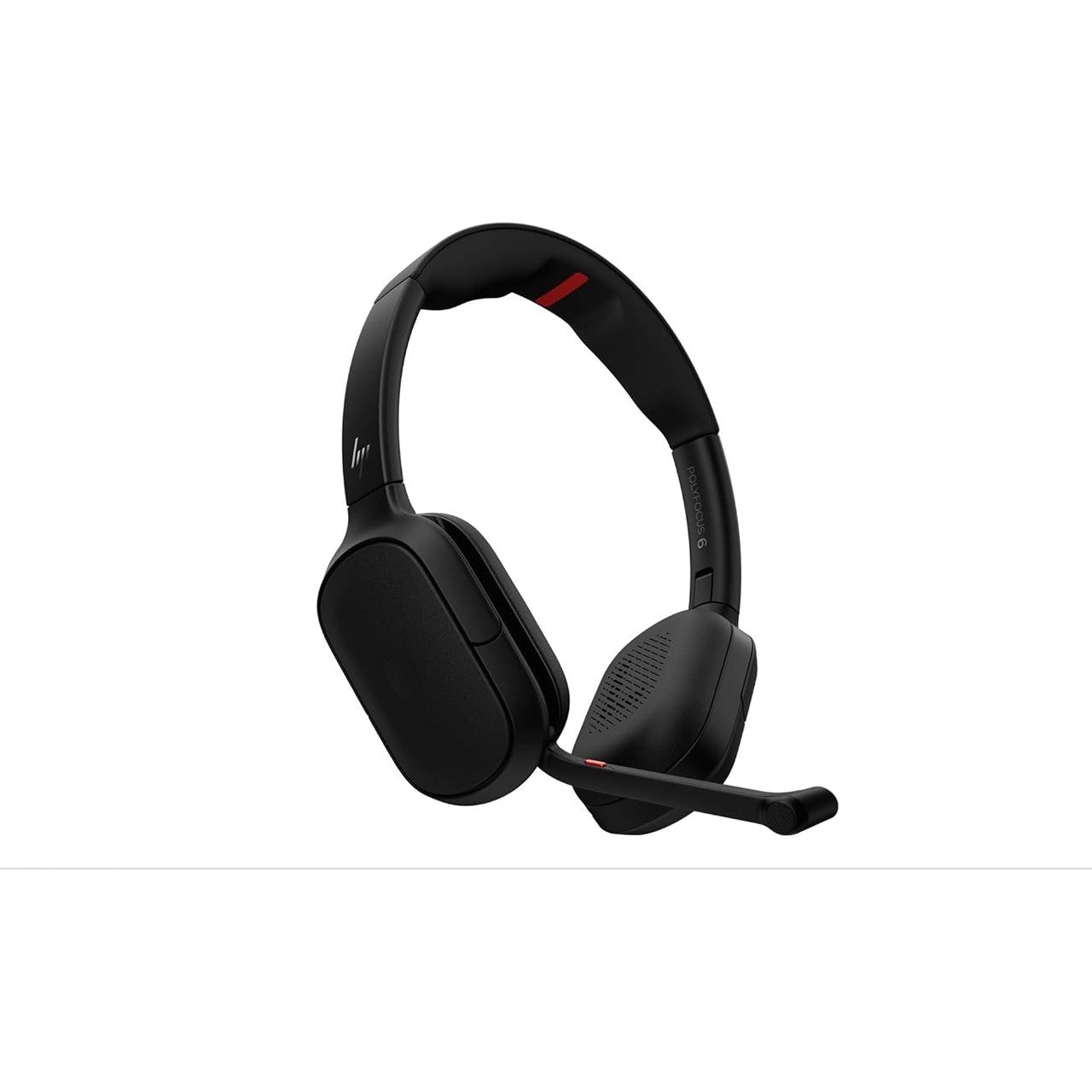 A black over-ear headset with a flexible boom microphone, shown on a plain white background. The brand logo on the side of the earcup is the HP logo.