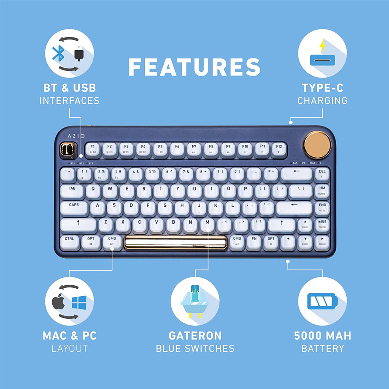 AZIO IK105 IZO Wireless Mechanical Keyboard with Blue Switches in Blue Iris