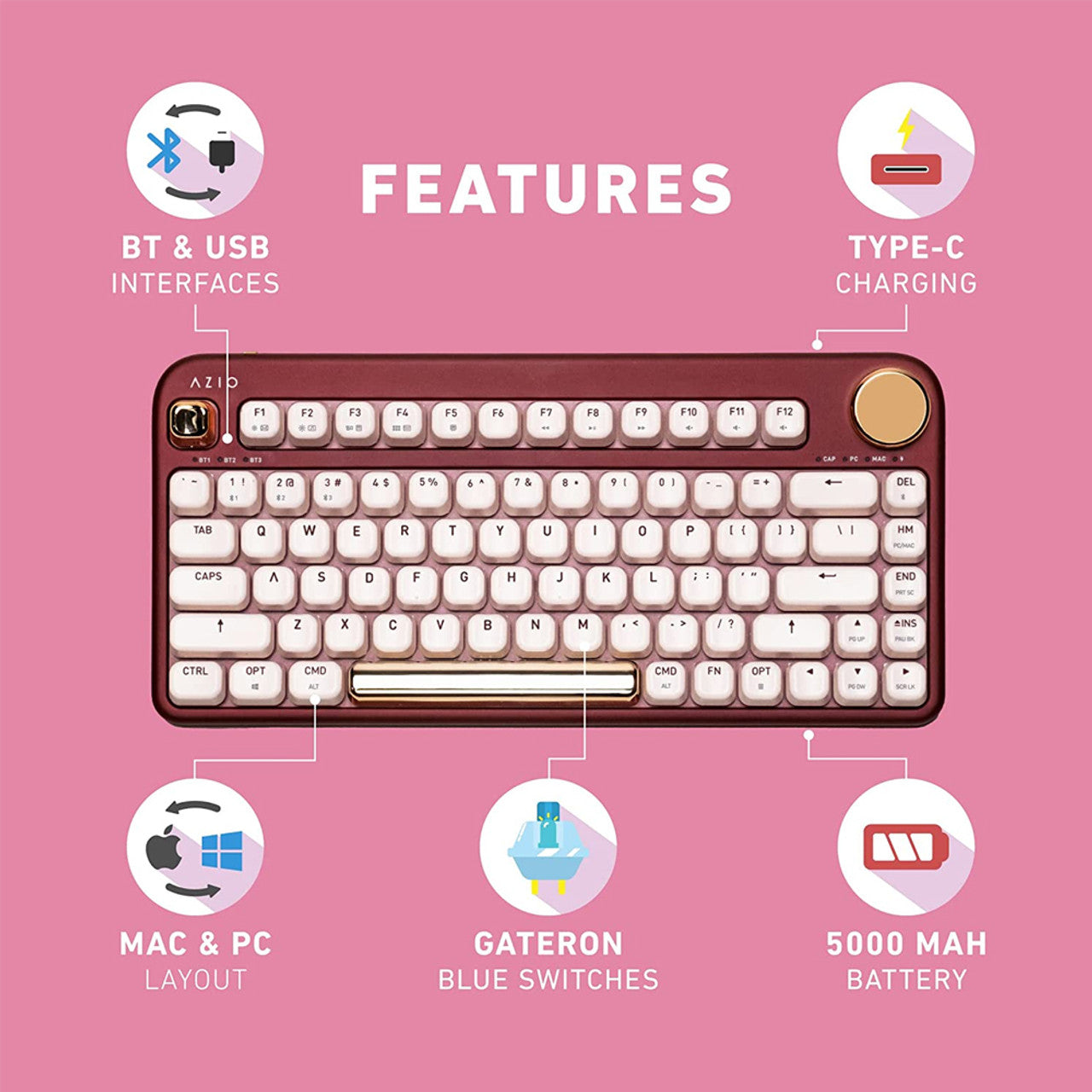 AZIO IK106 IZO Wireless Mechanical Keyboard with Blue Switches in Baroque Rose