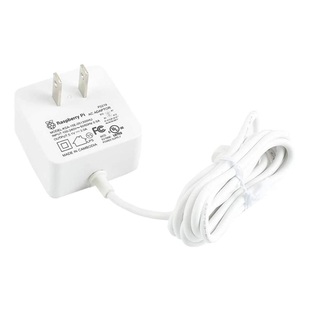 Raspberry Pi 4 Model B Official PSU, 15.3W, USB-C, 5.1V, 3A, US Plug, White