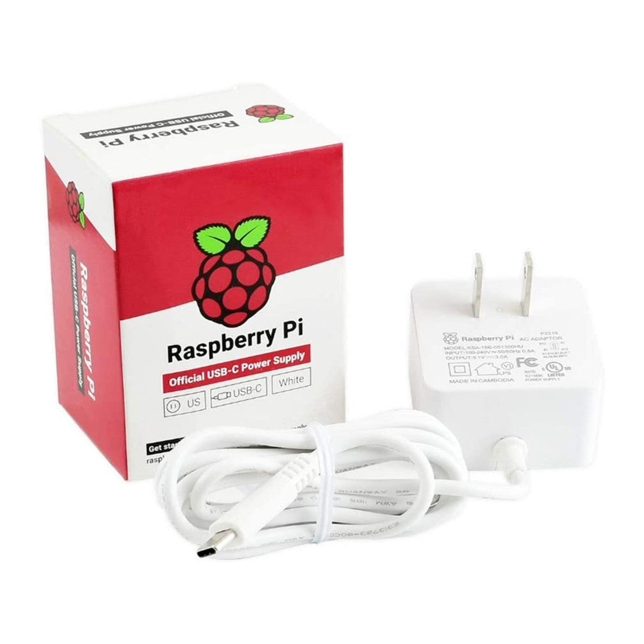 Raspberry Pi 4 Model B Official PSU, 15.3W, USB-C, 5.1V, 3A, US Plug, White