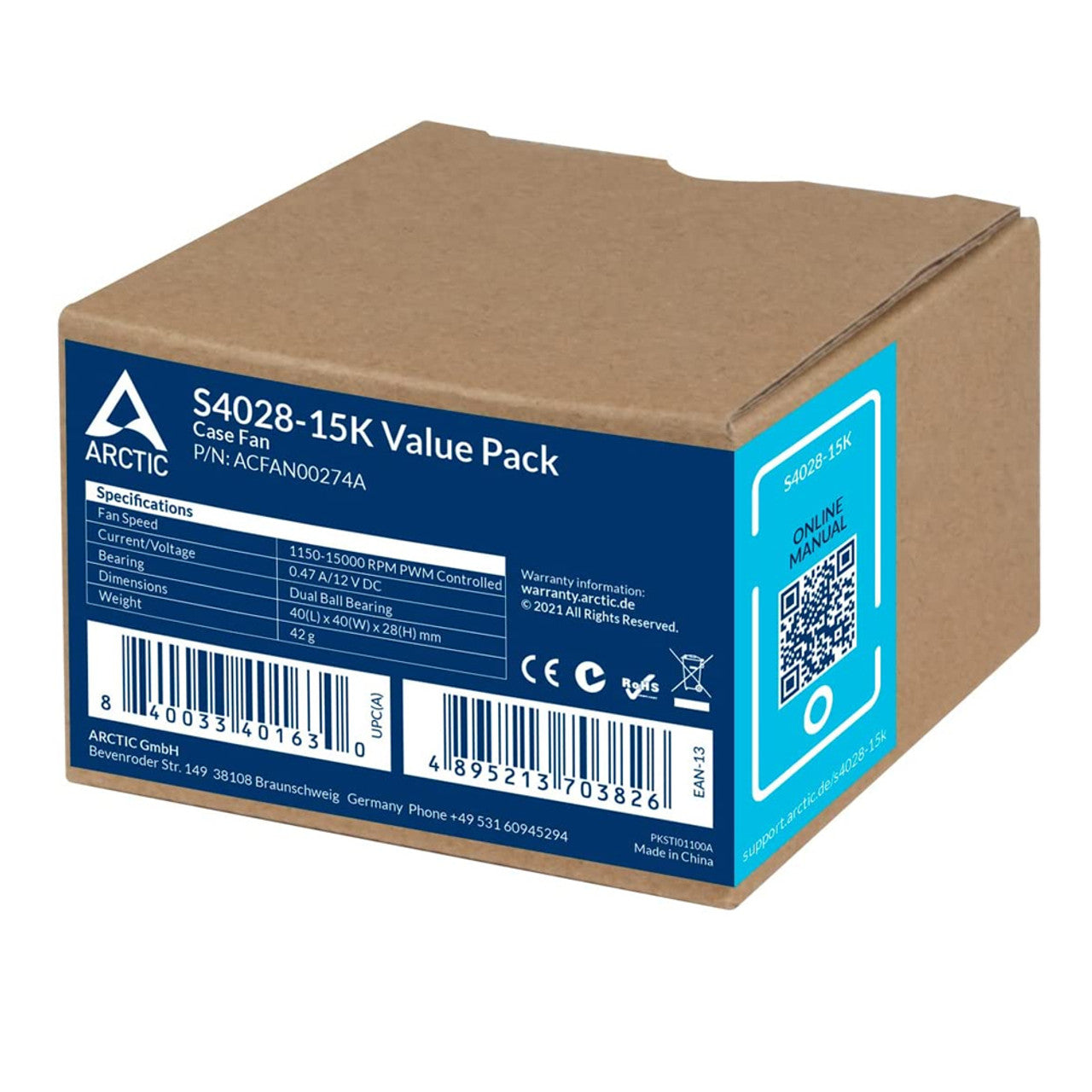 ARCTIC ACFAN00274A S4028-15K (5 Pack) - 40x40x28 mm Fan, 1400-15000 RPM, PWM Regulated, 4-pin Connector, 12 V DC - Black