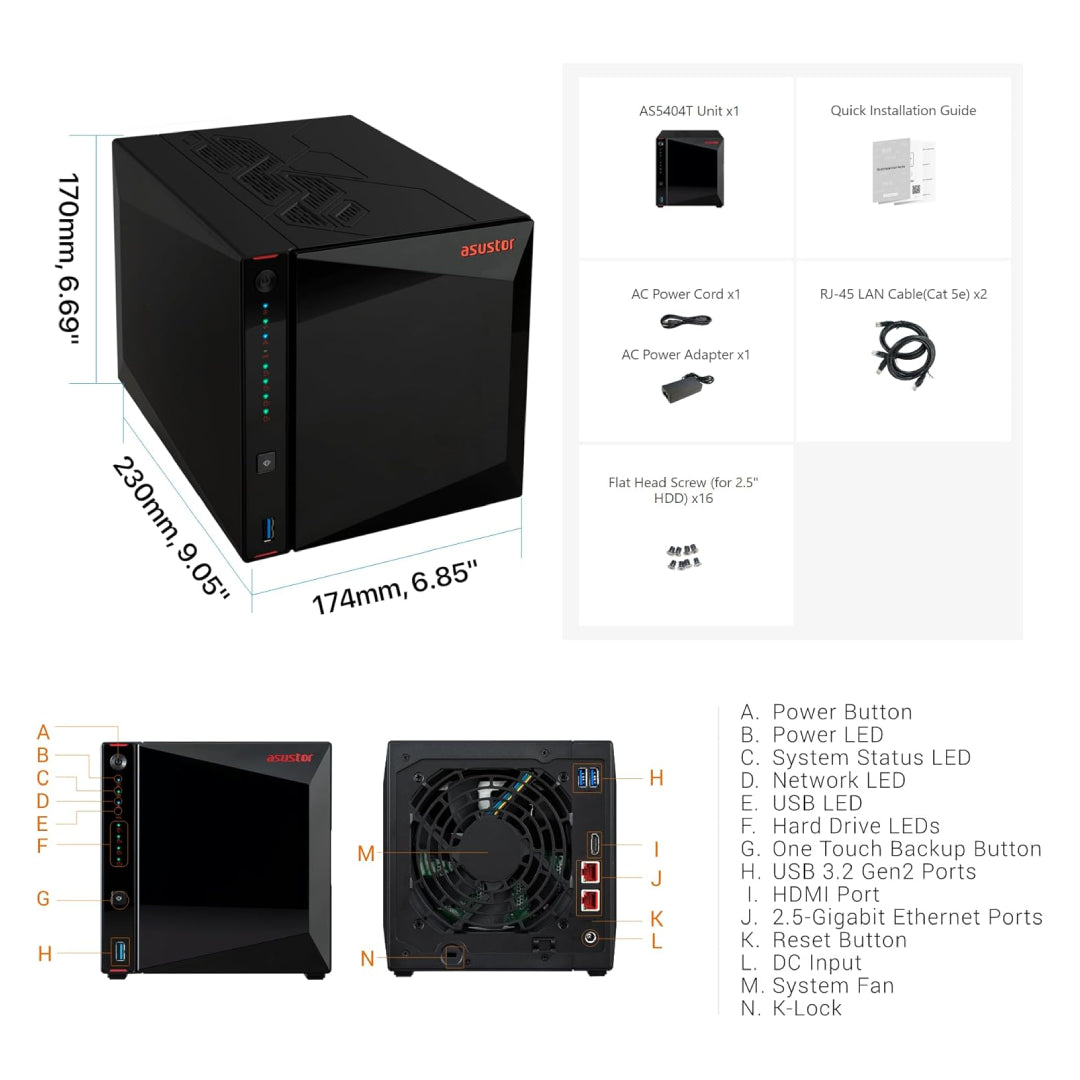 Asustor AS5404T Nimbustor 4 Gen2  4 Bay NAS,Quad-Core 2.0GHz CPU,Dual 2.5GbE Ports,4GB DDR4,4x M.2 SSD Slots (Diskless)