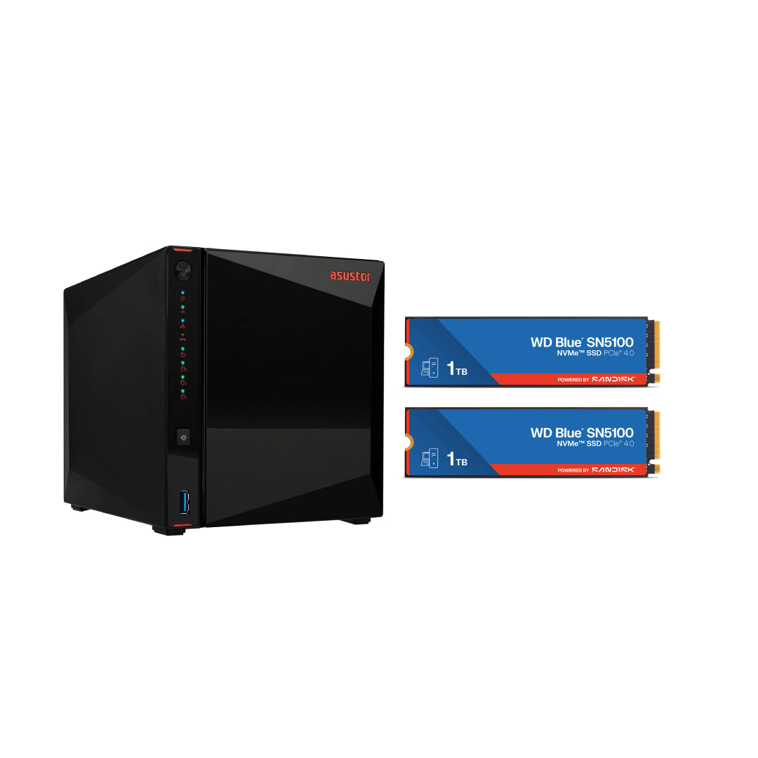 Asustor AS5404T Nimbustor 4 Gen2  4 Bay NAS,Quad-Core 2.0GHz CPU,Dual 2.5GbE Ports,4GB DDR4,4x M.2 SSD Slots (Diskless)