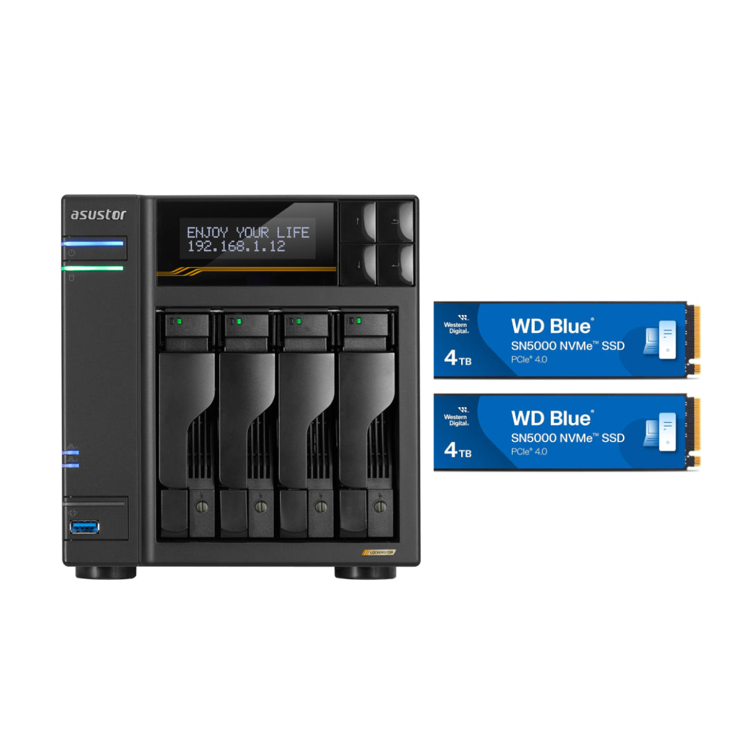 Asustor Lockerstor 4 Gen3 4 Bay NAS, Quad-Core 2.3GHz, 2x 10GbE Ports, 16G ECC DDR5, 4x M.2 SSD Slots (Diskless) AS6804T