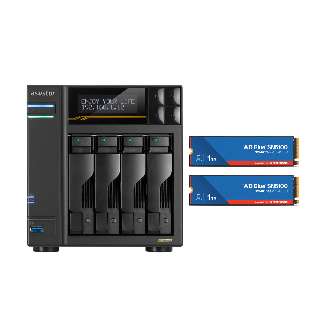Asustor Lockerstor 4 Gen3 4 Bay NAS, Quad-Core 2.3GHz, 2x 10GbE Ports, 16G ECC DDR5, 4x M.2 SSD Slots (Diskless) AS6804T