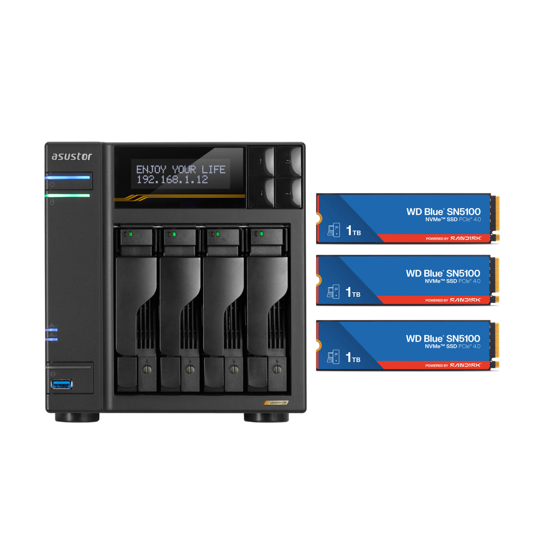 Asustor Lockerstor 4 Gen3 4 Bay NAS, Quad-Core 2.3GHz, 2x 10GbE Ports, 16G ECC DDR5, 4x M.2 SSD Slots (Diskless) AS6804T