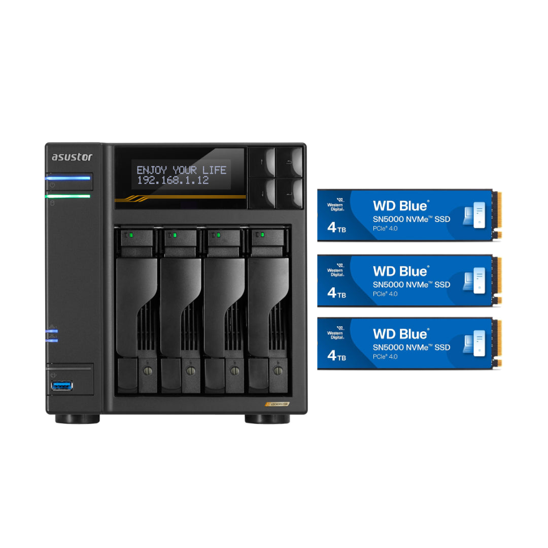 Asustor Lockerstor 4 Gen3 4 Bay NAS, Quad-Core 2.3GHz, 2x 10GbE Ports, 16G ECC DDR5, 4x M.2 SSD Slots (Diskless) AS6804T