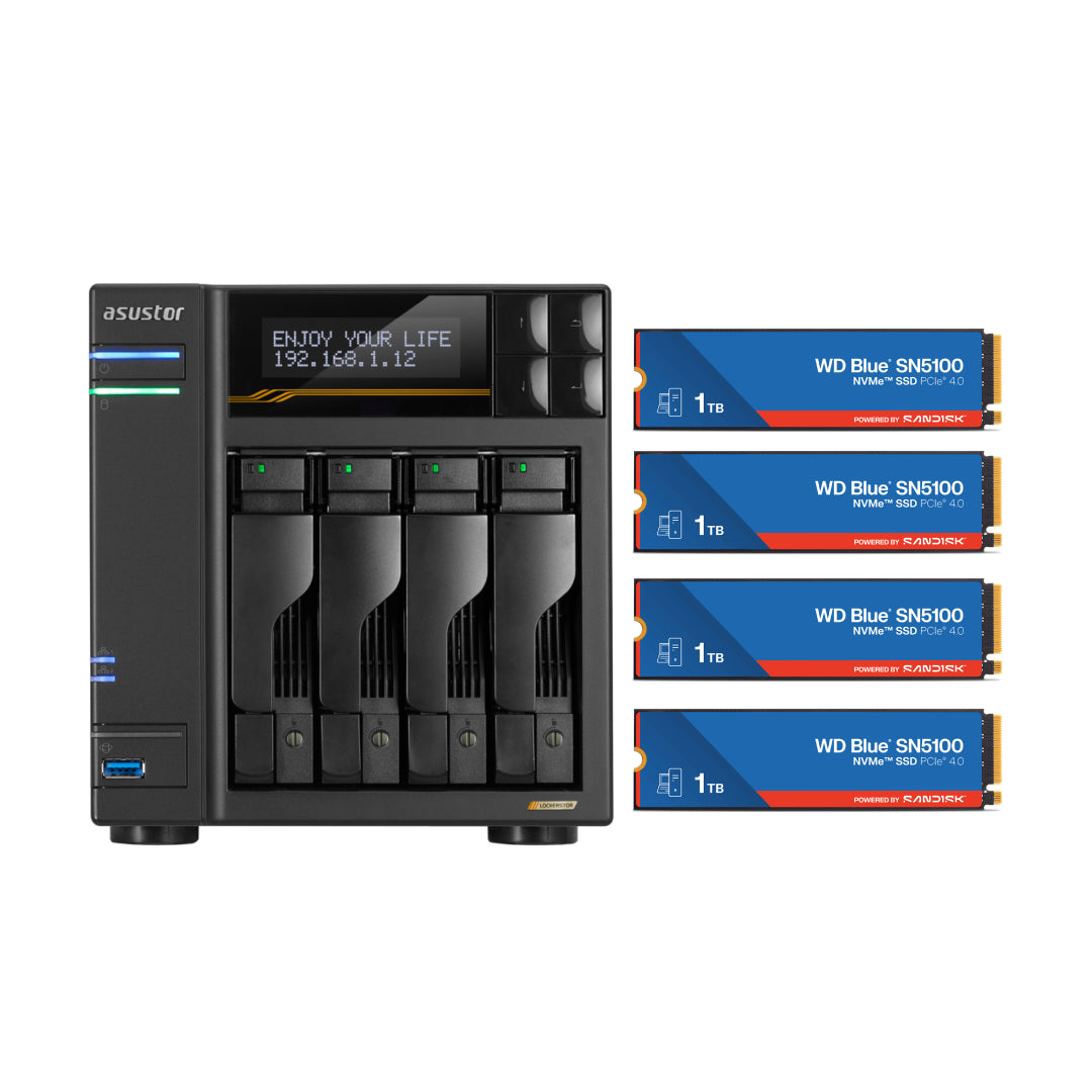 Asustor Lockerstor 4 Gen3 4 Bay NAS, Quad-Core 2.3GHz, 2x 10GbE Ports, 16G ECC DDR5, 4x M.2 SSD Slots (Diskless) AS6804T