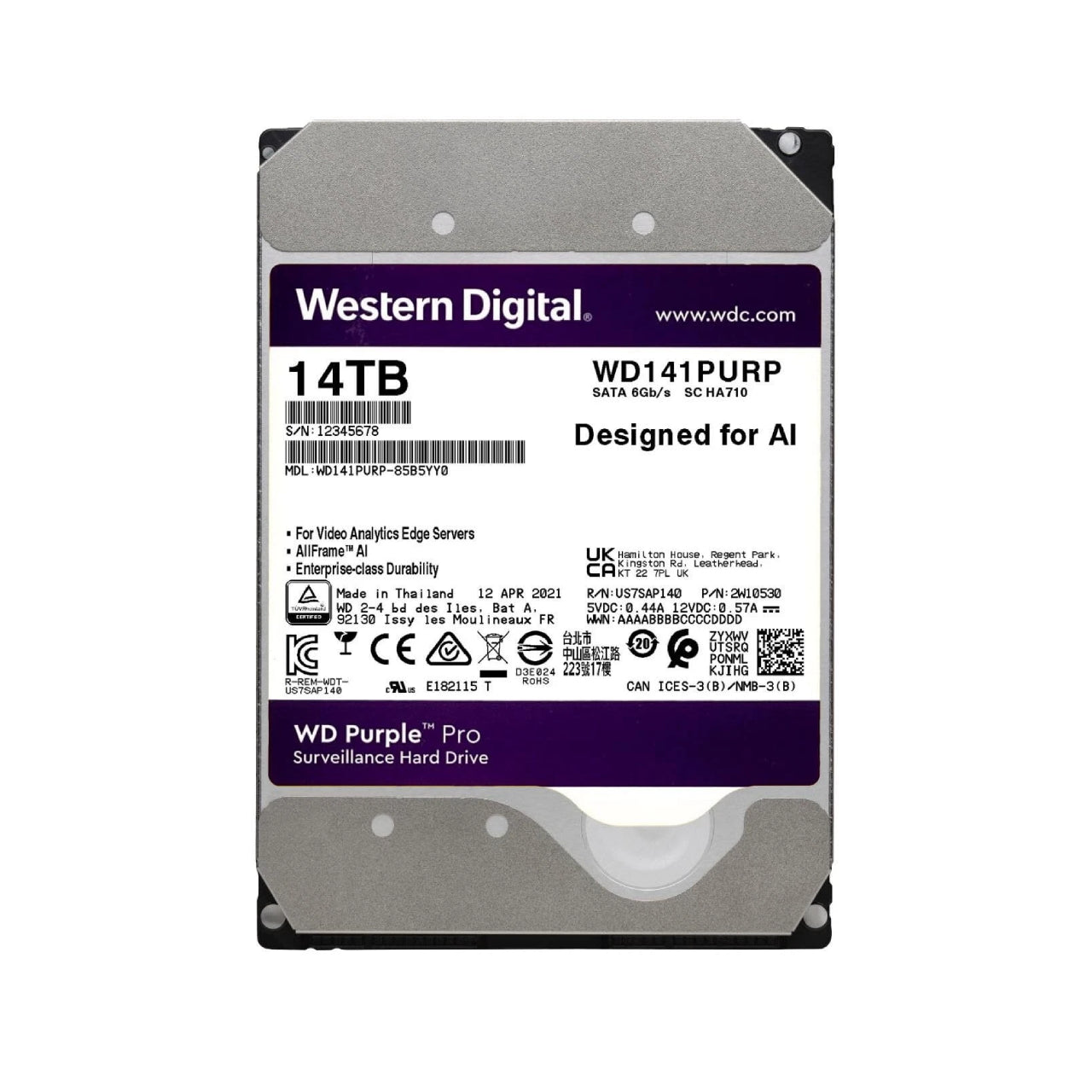 WD Purple Pro Surveillance 14TB Internal Hard Drive HDD 14TB - 7200 RPM, SATA 6 Gb/s, 512 MB Cache, 3.5 inch WD141PURP