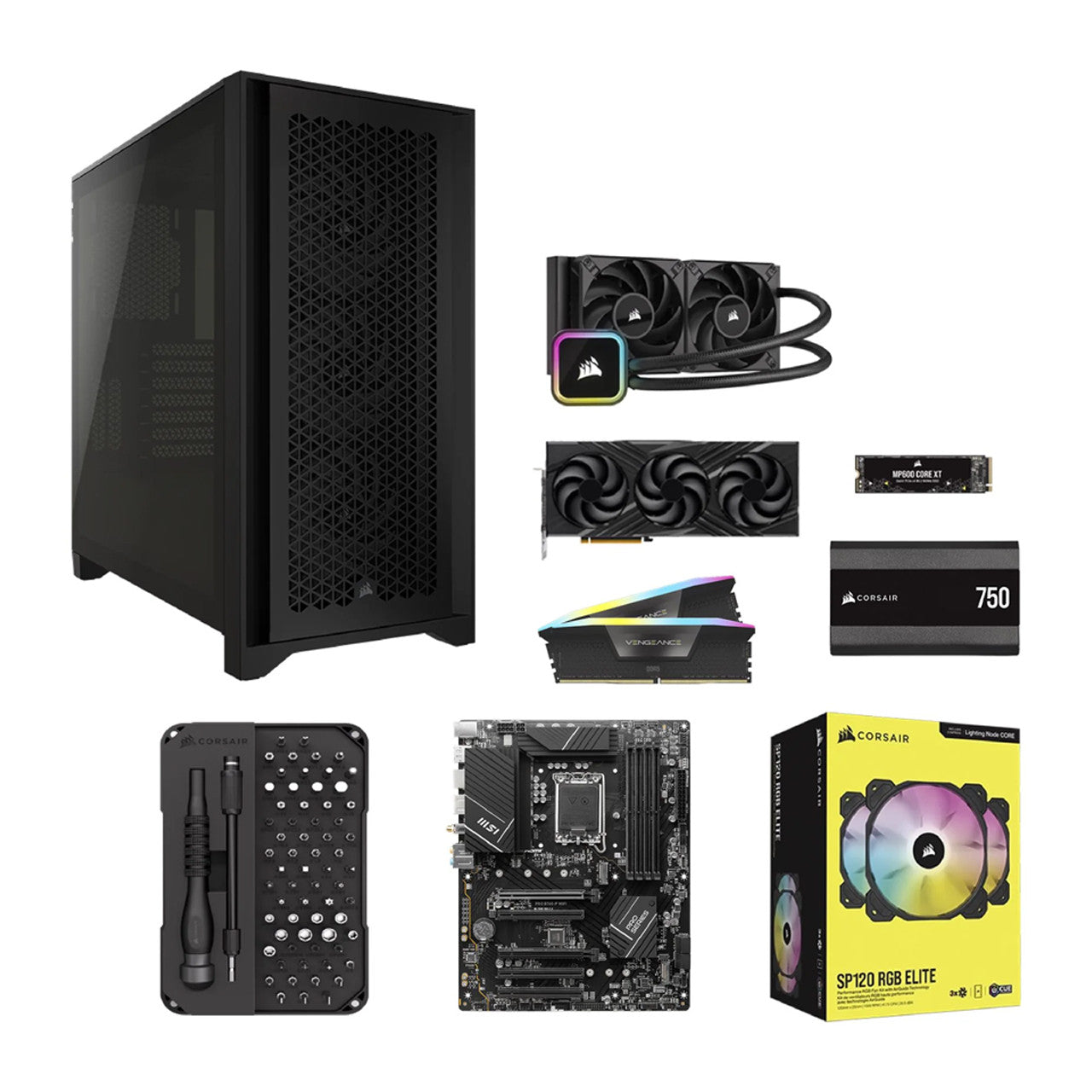 Corsair BUILD KIT Mid Tower powered by an Intel Core i7-14700KF, 32GB RAM, 2TB NVMe SSD, and GeForce RTX 4070 SUPER delivers exceptional gaming and creator performance in a sleek black design with Windows 11 Home.