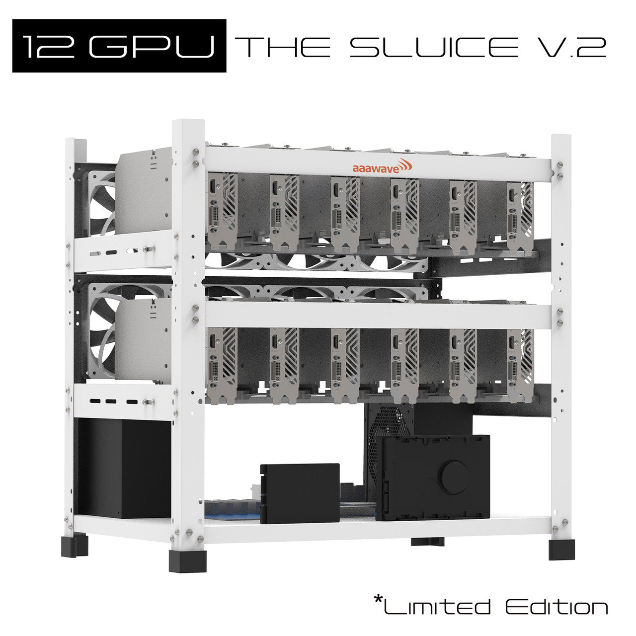 AAAwave 12GPU Mining Rig Frame (white) and 12 x AAAwave PCIe Riser V011Pro 1x to 16x Graphic Extension for GPU Mining