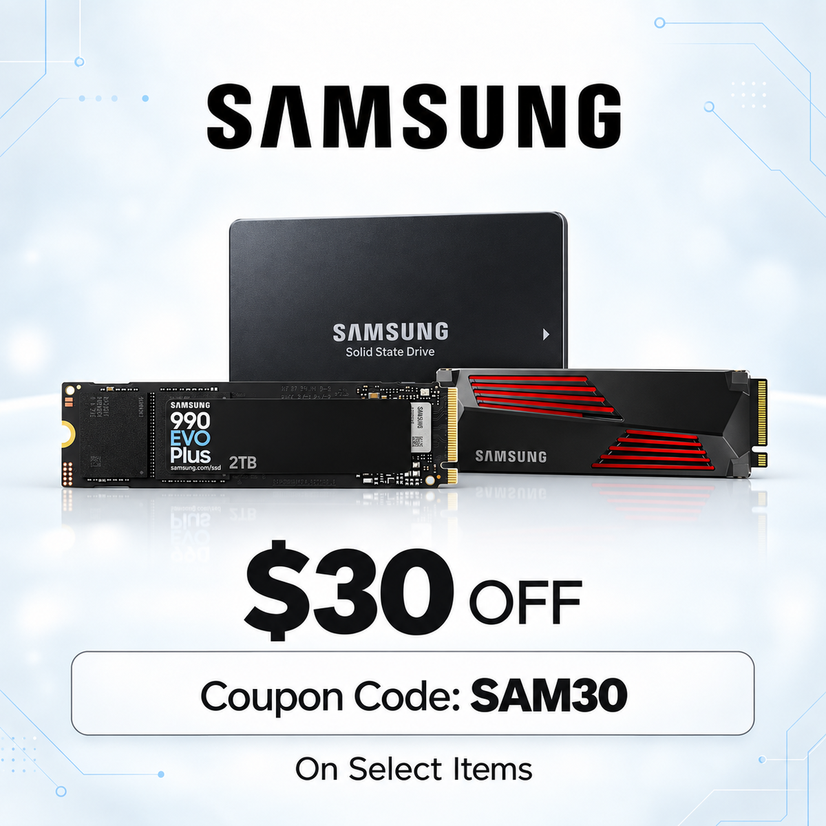 Samsung $30 off coupon SAM30 banner
