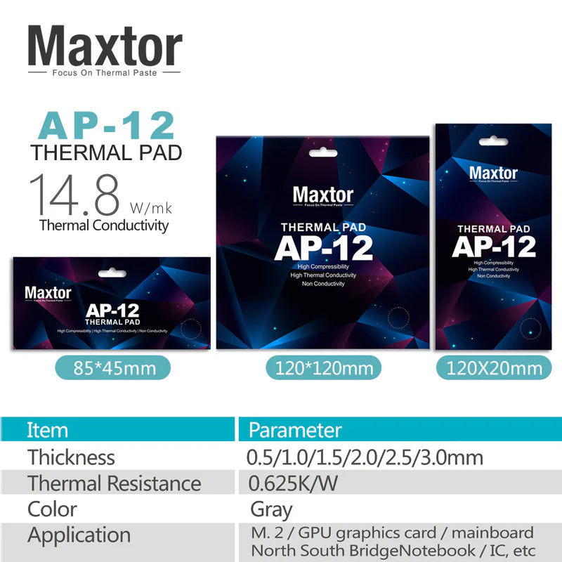 Maxtor AP-12 Thermal Pad | 14.8 W/mK Silicone | 3 Sizes × 6 Thickness