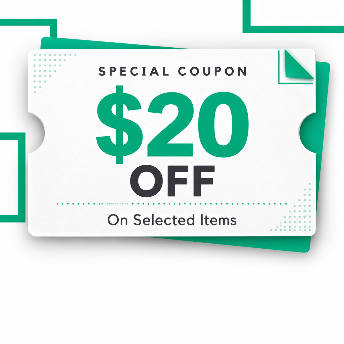 A $20 off coupon graphic on a white background with teal accents. The coupon reads 'SPECIAL COUPON $20 OFF On Selected Items' and includes a torn-corner design element.