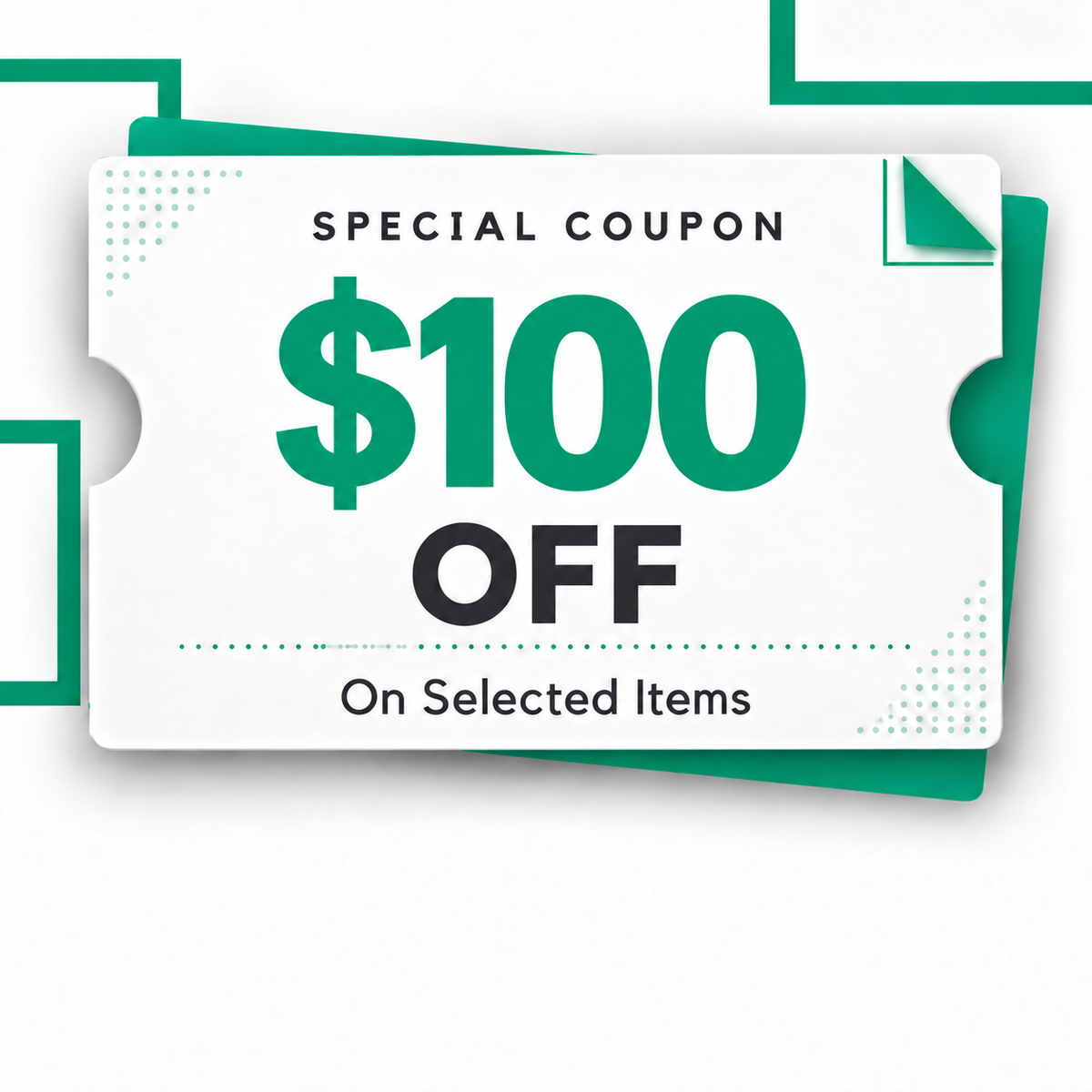A $100 off coupon graphic with bold green and black text on a white ticket-shaped design, layered over a teal geometric background.