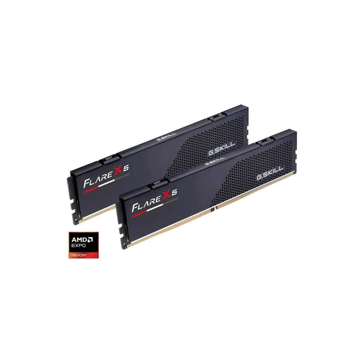 Two black SKILL FlareX 5 DDR4 RAM modules shown at an angle on a white background, with an AMD DDR4 logo badge in the lower-left corner.