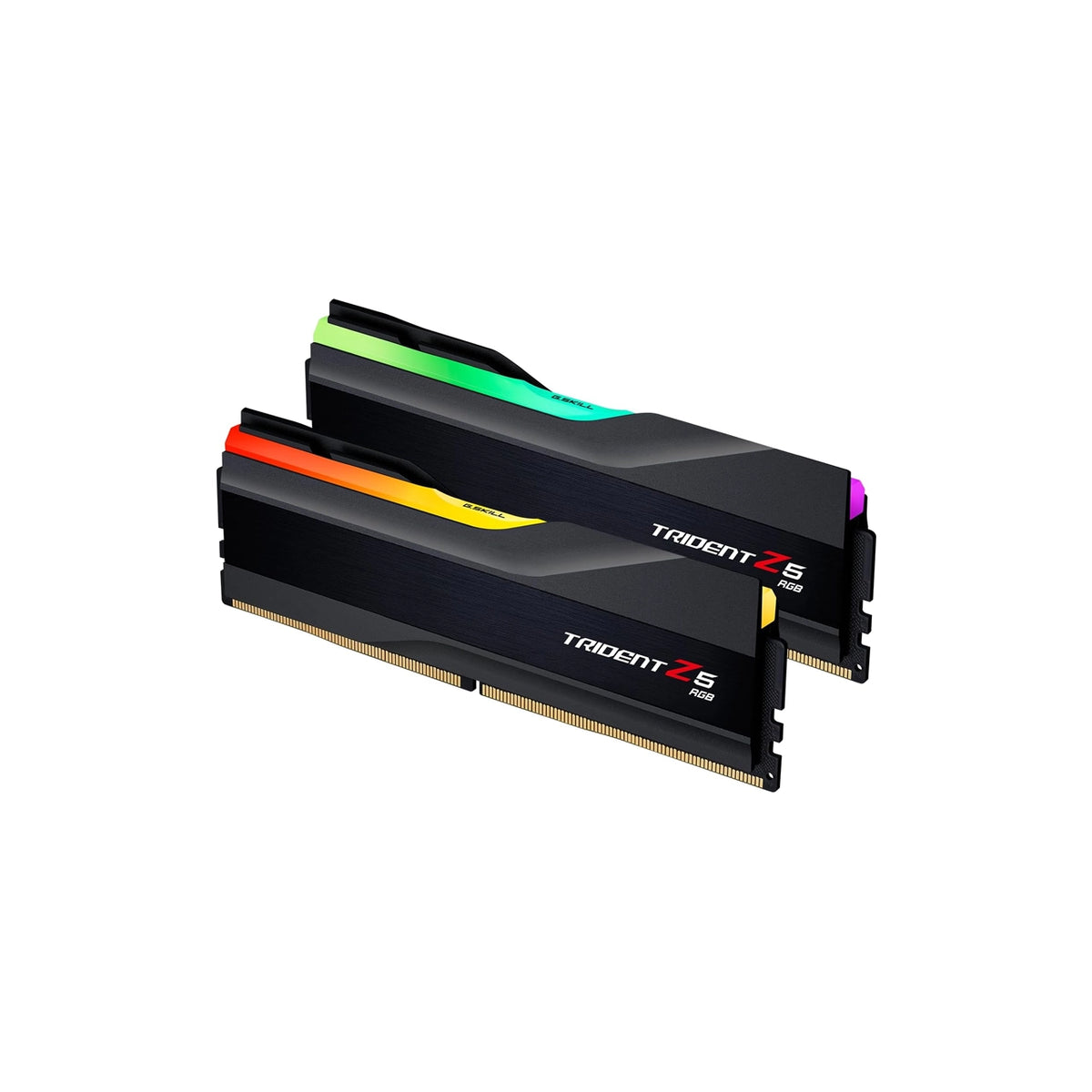 Two black Trident Z5 RGB RAM modules with gold-plated RAM slots and colorful LED light strips, shown on a solid white background.