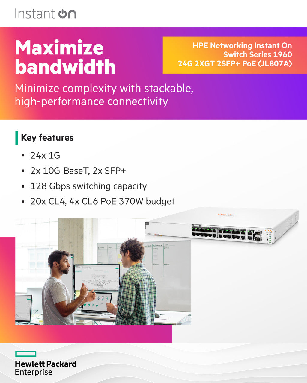 HPE Networking Instant On 1960 24-Port Gb 20P Class 4 PoE|4P Class 6 PoE Smart Switch(370W)-24x1G|2X SFP+|2X10 GBase-T | JL807A#ABA