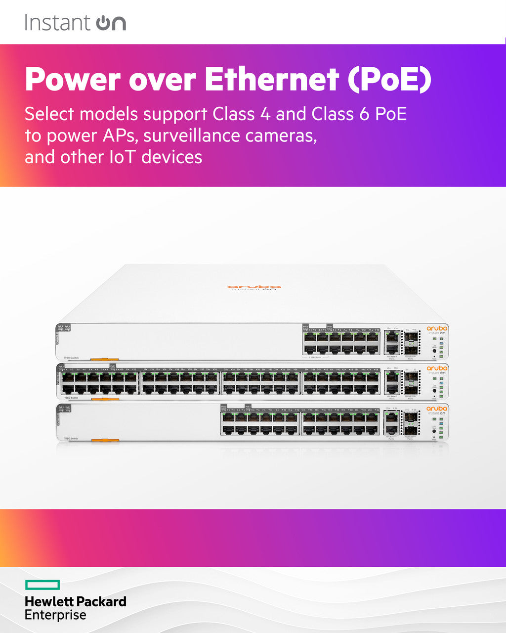 HPE Networking Instant On 1960 24-Port Gb 20P Class 4 PoE|4P Class 6 PoE Smart Switch(370W)-24x1G|2X SFP+|2X10 GBase-T | JL807A#ABA