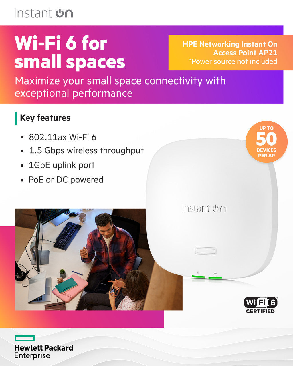 HPE Networking Instant On Access Point AP21 2x2 WiFi 6 Indoor