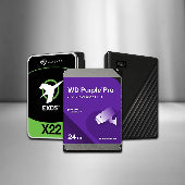 Three hard drives including a WD Purple Pro, Seagate Exos, and another black model on a gray background.