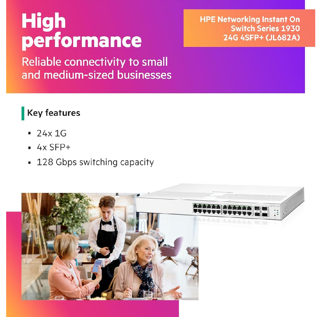 HPE Networking Instant On 1930 24-Port Gb Ethernet 24xGE, 4X 1G, 10G SFP+, L2+ Smart Switch US Cord | JL682A#ABA