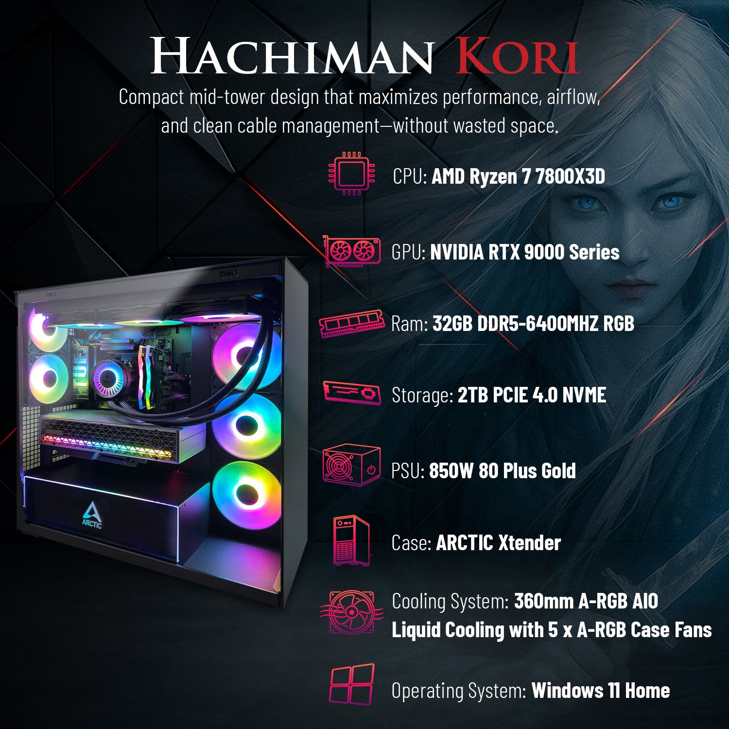 Hachiman PC Kori Gaming PC, AMD Ryzen 7 7800X3D, Radeon RX 9070XT 16GB, 32GB DDR5 6000MHz RGB, 2TB Gen4 NVMe SSD, 360 A-RGB AIO, Wi-Fi 6, Windows 11 Home, Desktop Computer