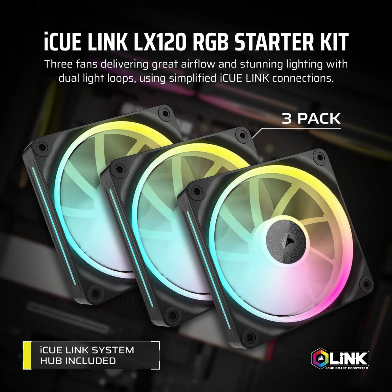 Corsair iCUE Link LX120 RGB PWM | 120 mm | 2400 rpm | 4-Pin Case Fans Starter Kit (Triple Pack) - Black CO-9051026-WW
