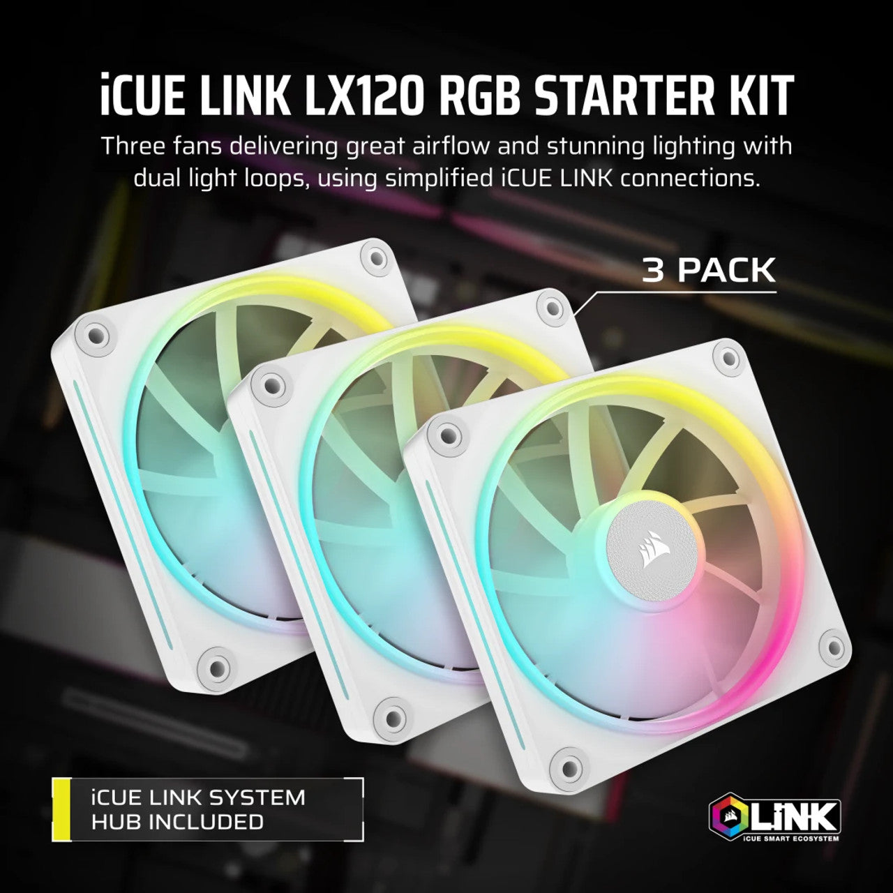 Corsair iCUE Link LX120 RGB PWM | 120 mm | 2400 rpm | 4-Pin Case Fans Starter Kit (Triple Pack) - White CO-9051030-WW