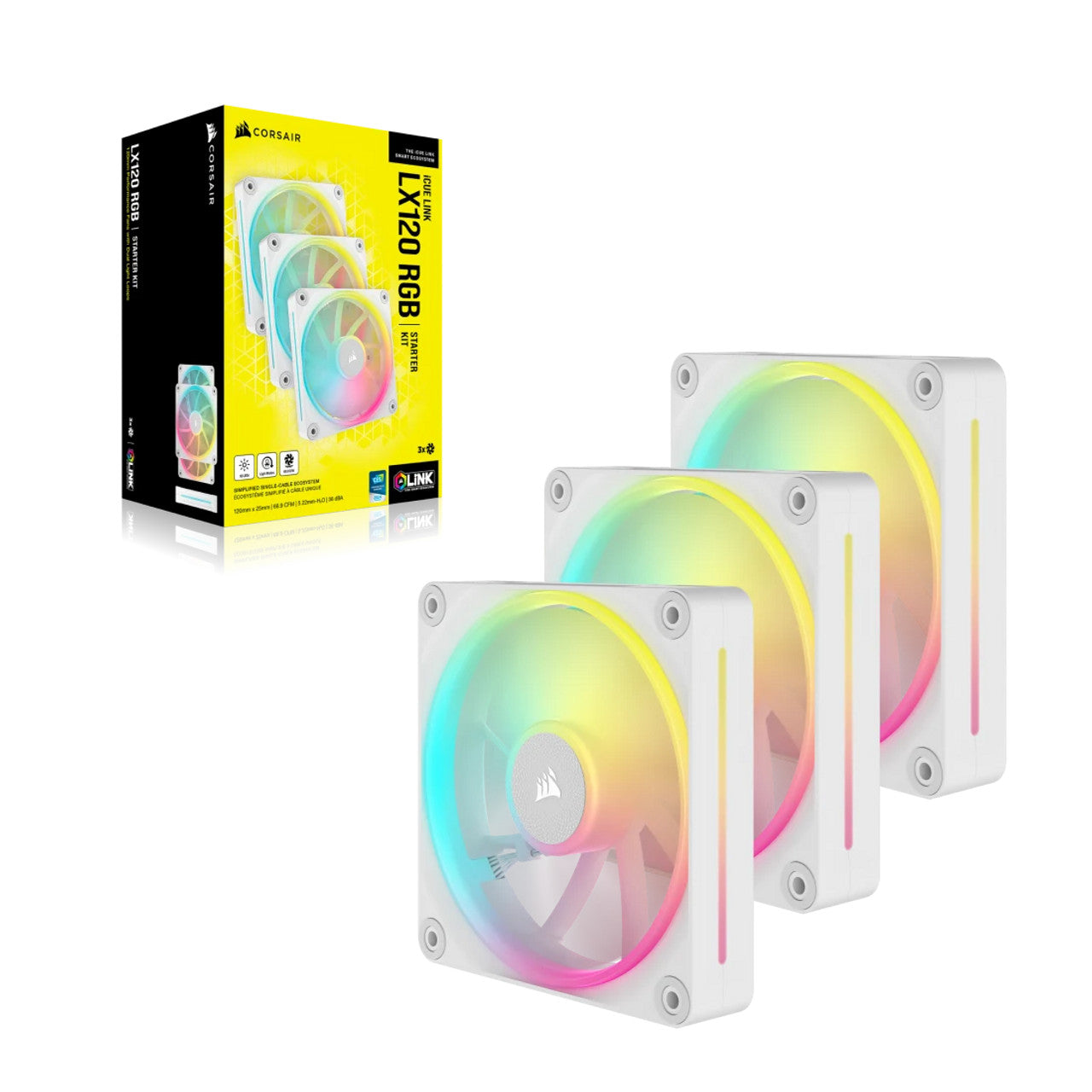 Corsair iCUE Link LX120 RGB PWM | 120 mm | 2400 rpm | 4-Pin Case Fans Starter Kit (Triple Pack) - White CO-9051030-WW