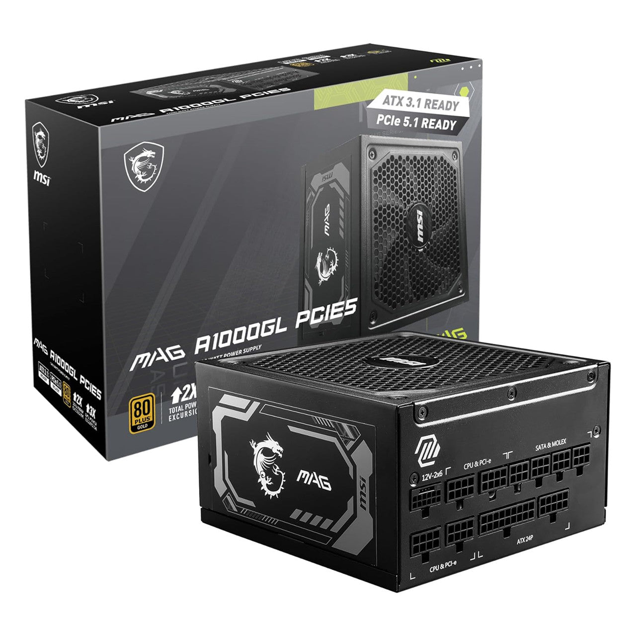 MSI PCIE 5 Gaming Power Supply 1000W 80 Plus Gold Certified, ATX 3.1 & PCIE 5.1 Ready, Full Modular, ATX PSU MAG-A1000L